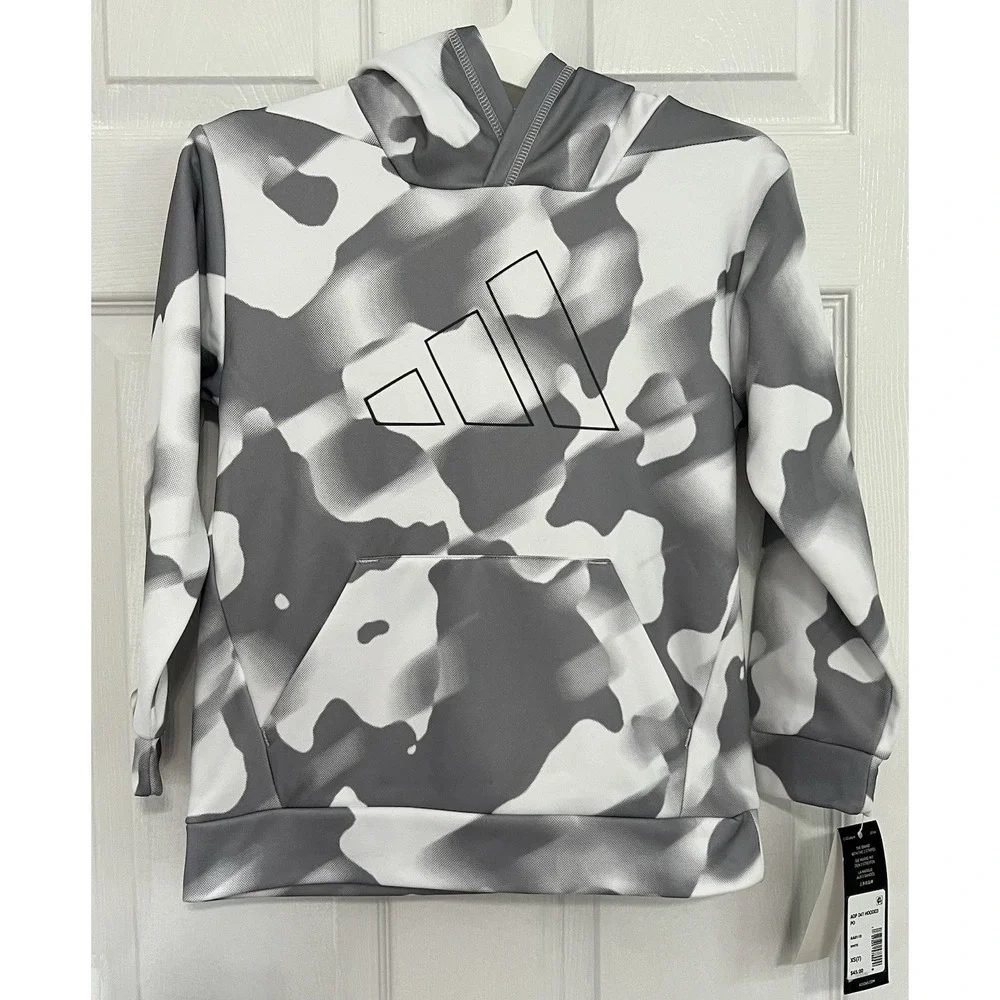 Adidas Kids Unisex Youth Athletic White Gray Camouflage Pullover Hoodie Size XS